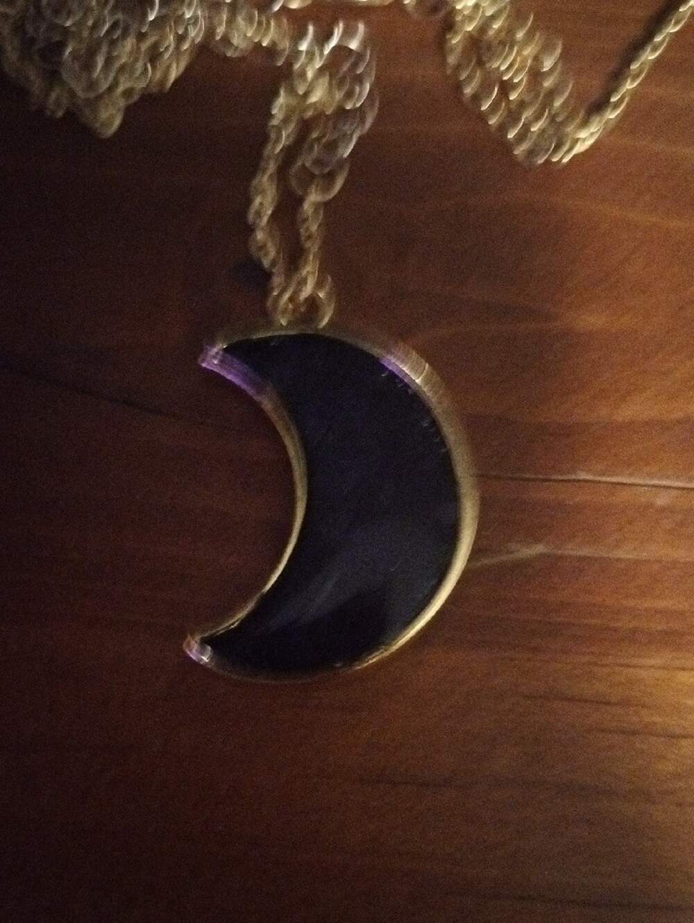 Gold Crescent Moon Pendant Necklace with Deep Blue Inlay - Picture 3 of 3